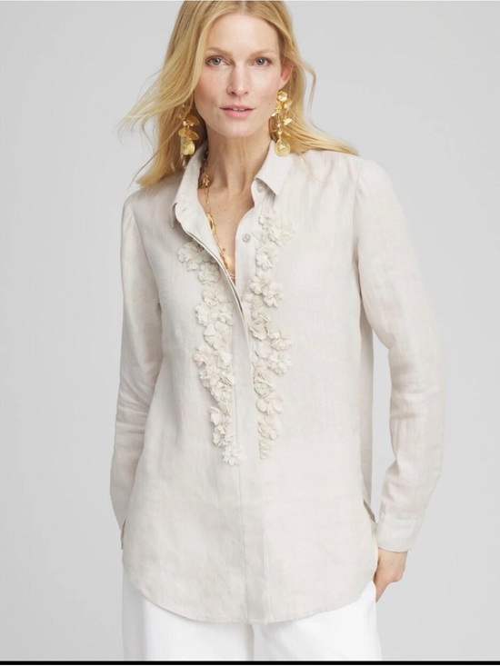 Chico's Tops - NWT Chico’s 100% Linen Button Front Shirt 3D Floral Beige Women Size 2- Large